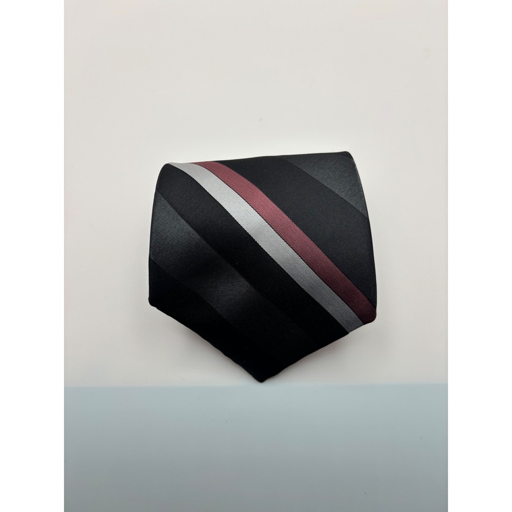Johnny Carson Mens Striped Silk Blend Tie Black Grey Burgundy Made in USA